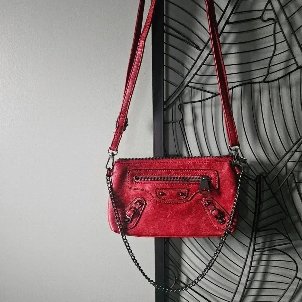 David Jones | Red Faux Leather Mini Bag City Style with  Long Removable Strap